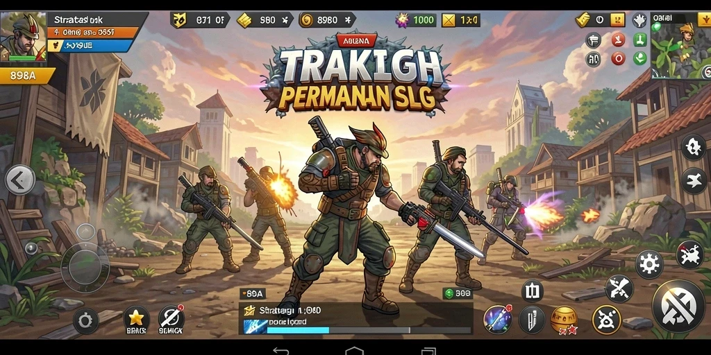 Screenshot gameplay menampilkan pertempuran strategi SLG yang intens.