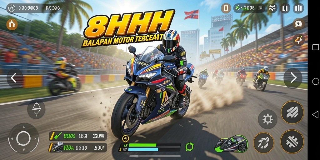 Gameplay 8HHH menampilkan balapan motor yang mendebarkan.