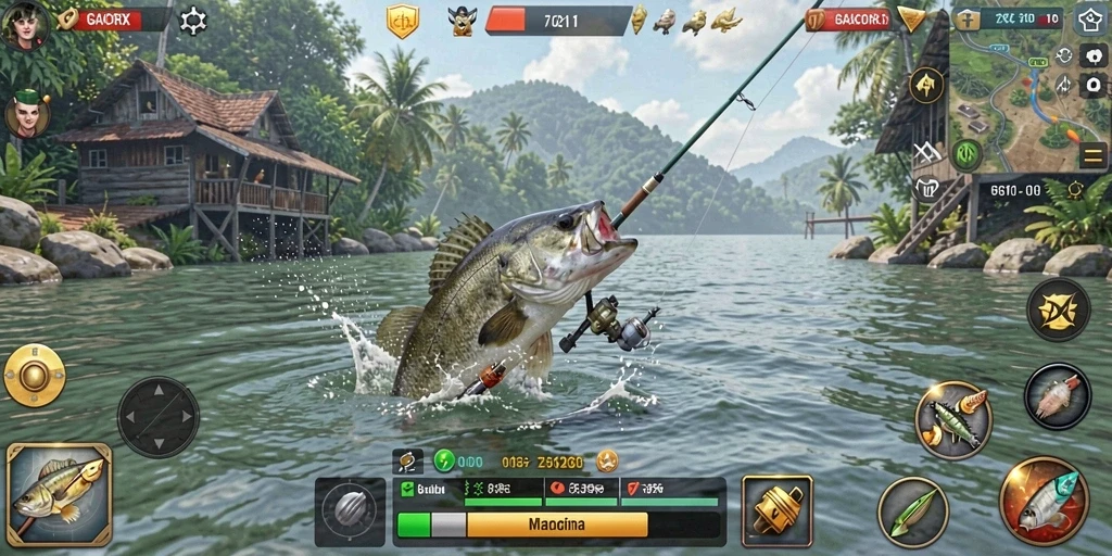 Tampilan gameplay GACORX saat menangkap ikan di danau.