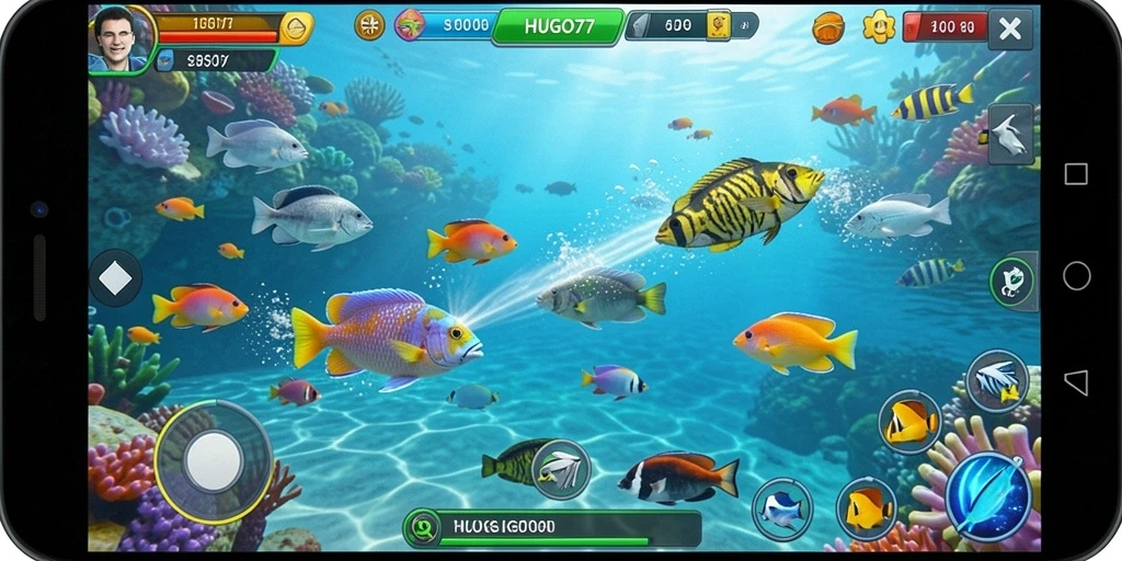 Screenshot gameplay HUGO77 menunjukkan aksi seru Tembak Ikan.