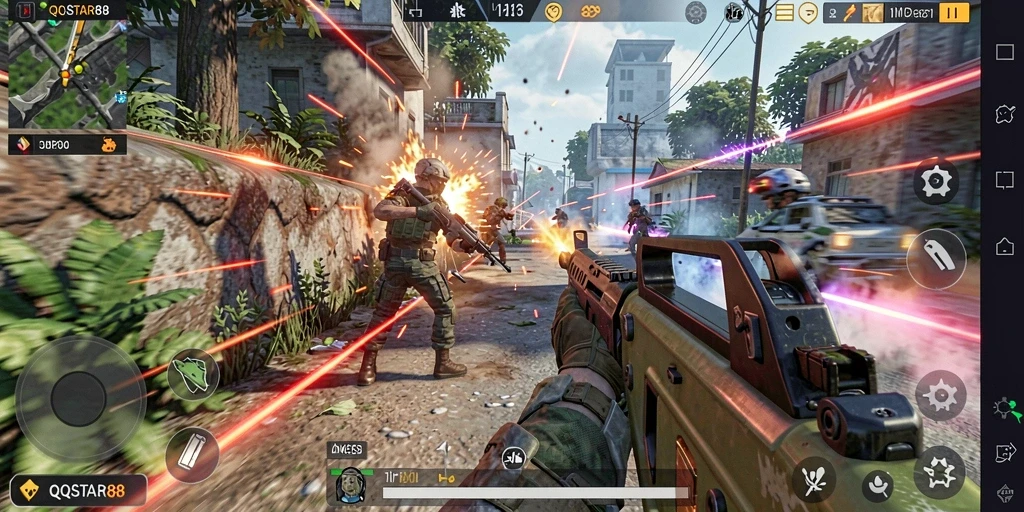 Screenshot gameplay QQSTAR88 menunjukkan aksi tembak-menembak yang mendebarkan.