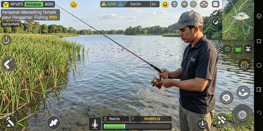 Tampilan gameplay RPVIP5 saat memancing di laut yang indah.